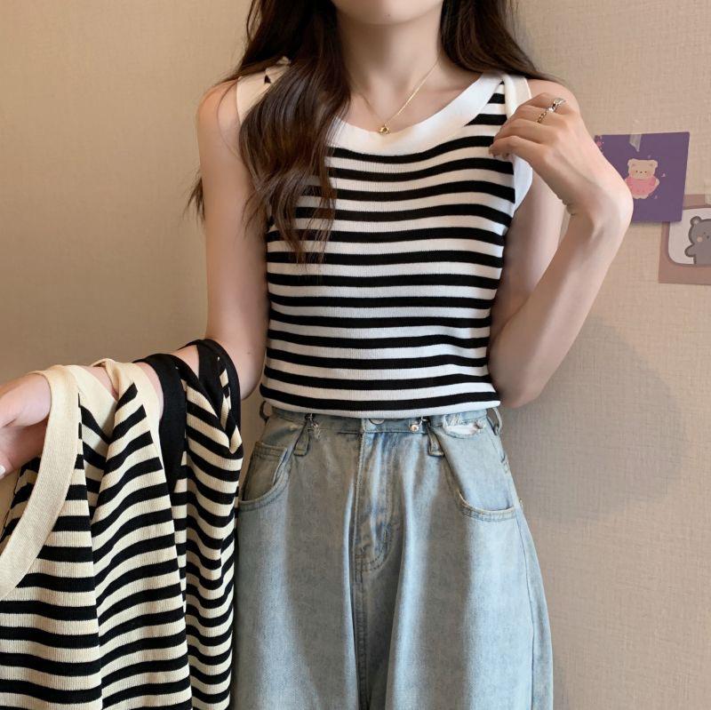 Women's Striped Sleeveless Knitted Summer Tank Top - Slimming, Sweet, and Cute