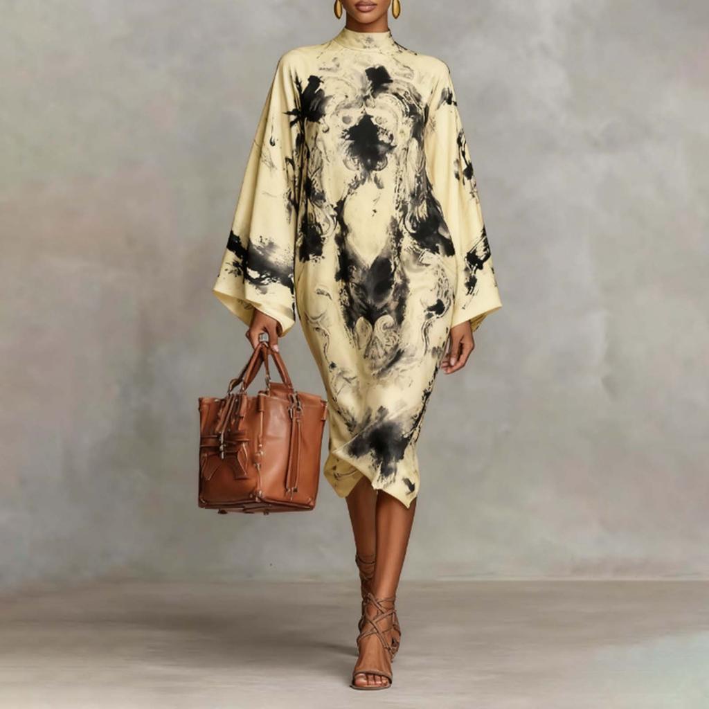 Abito casual alla moda da donna con stampa, manica lunga, gonna lunga ampia