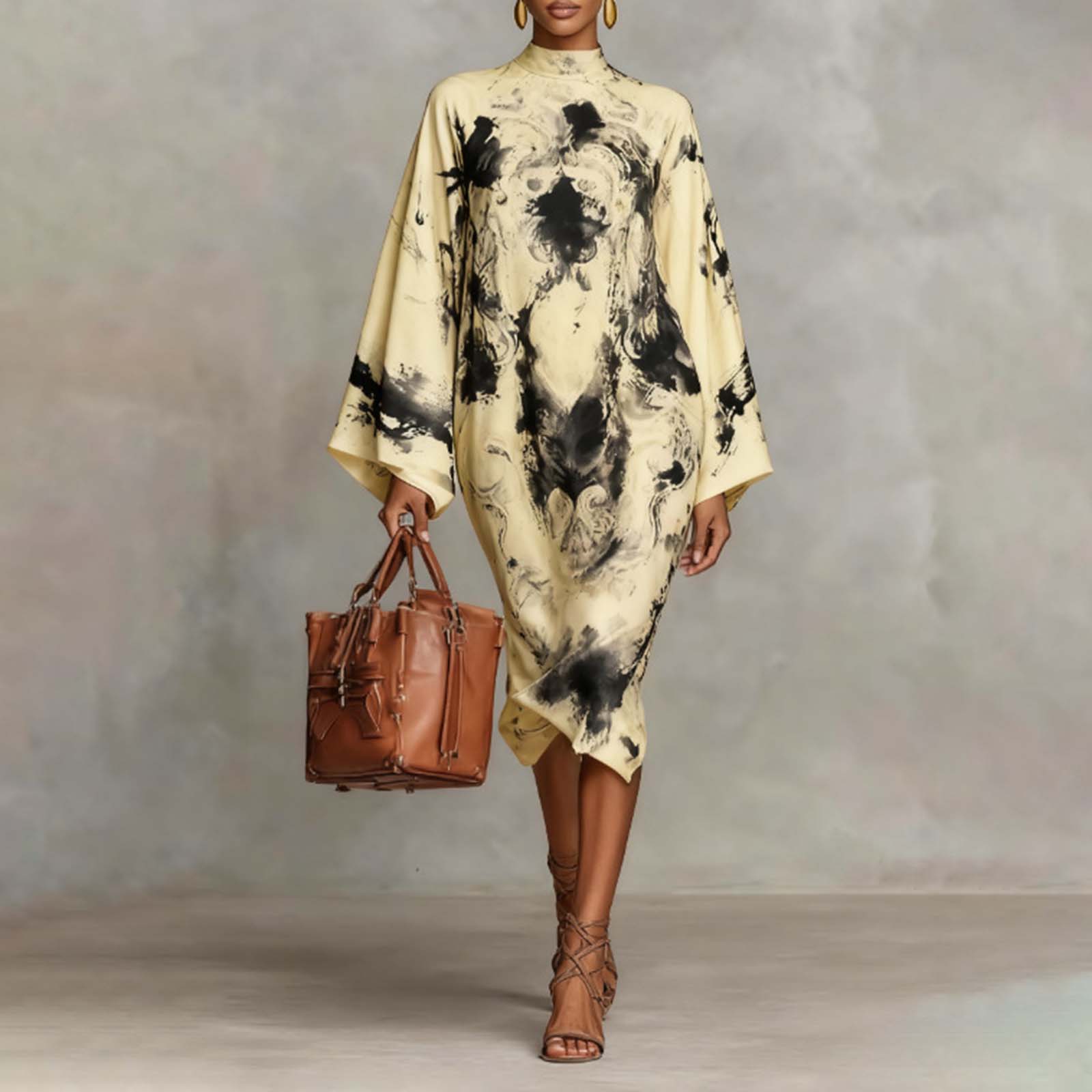 

Ladies Fashionable Casual Printed Long Sleeved Dress, Loose Long Skirt M хакі