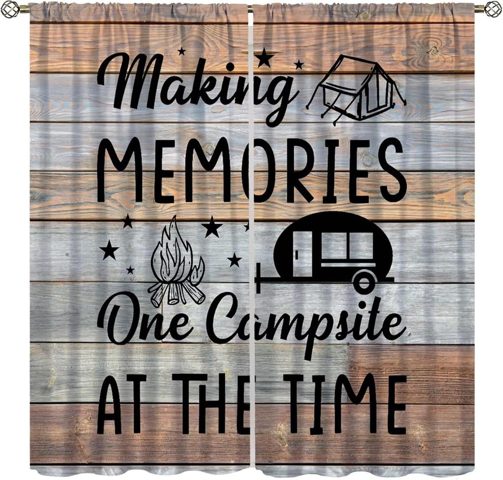Retro Happy Camper Curta,Rustic Wood Plank Camping Travel Trailer Blackout Rod Pocket Window Curtain,For Boys Girls Living