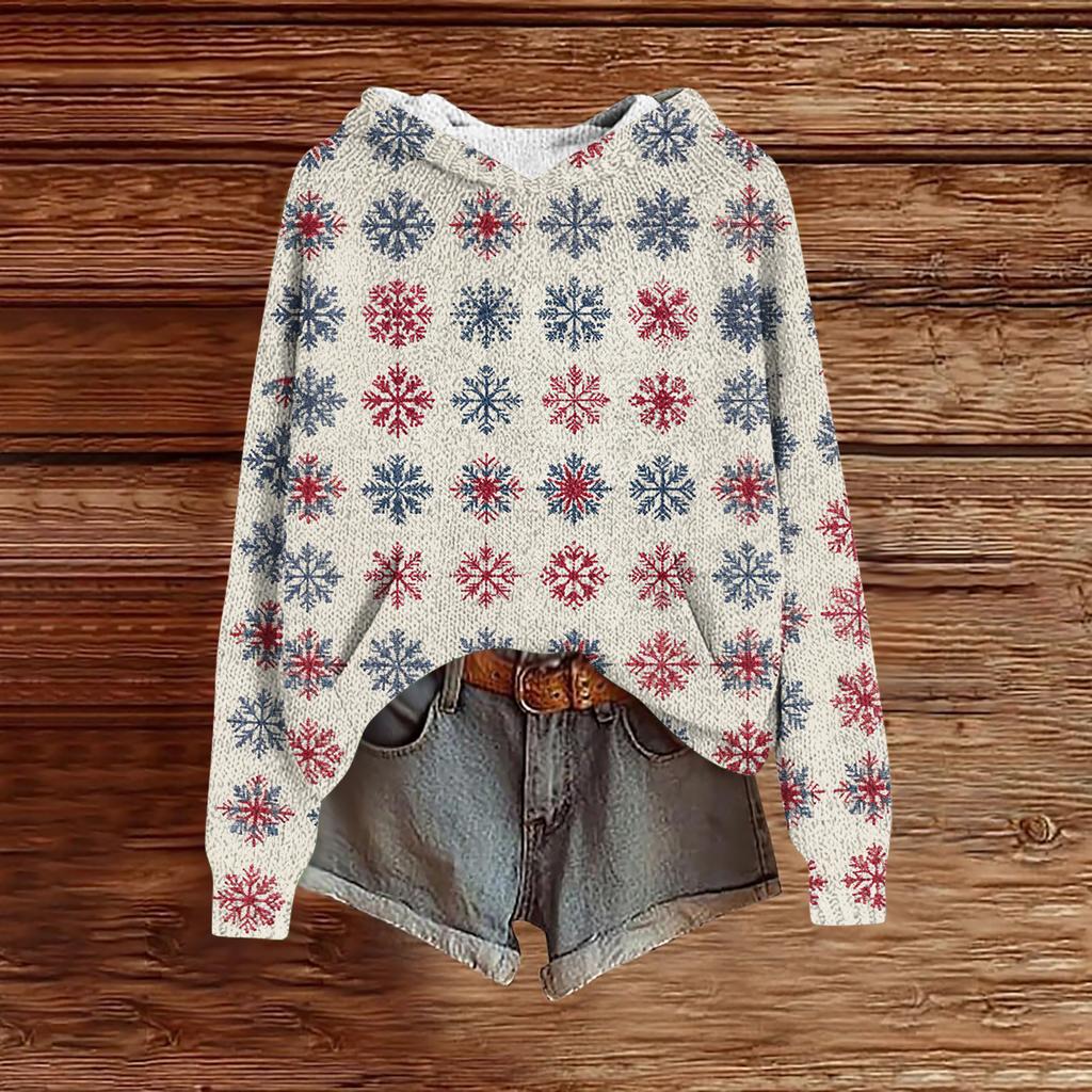 Women's Fashion Casual Long Sleeve Christmas Print Hooded Knitted Sweatshirt