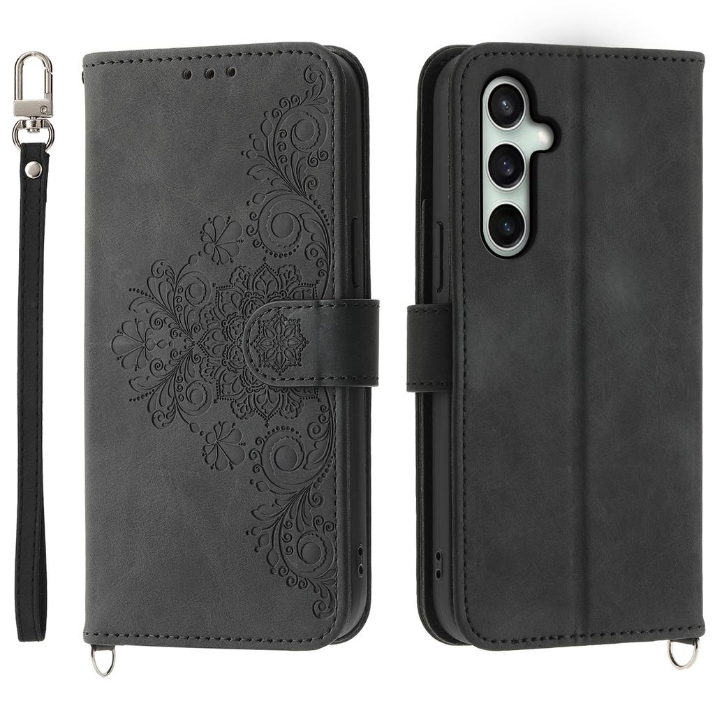 For Samsung Galaxy S24 FE Case Flower Pattern PU Leather Wallet Phone Cover with Shoulder Strap