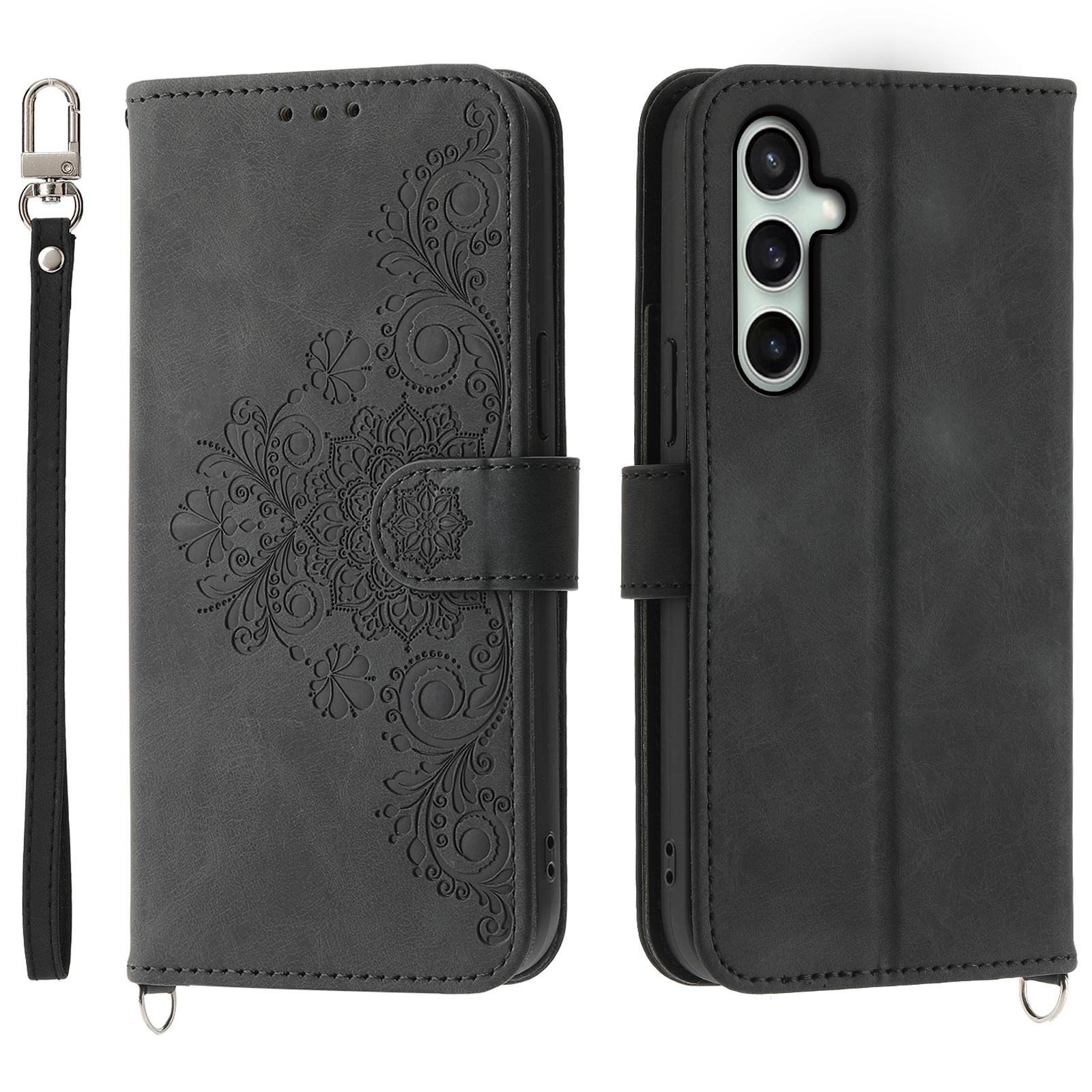 

Чехол для Samsung Galaxy S24 FE с цветочным узором, кошелек из ПУ кожи, чехол для телефона с плечевым ремнем Black