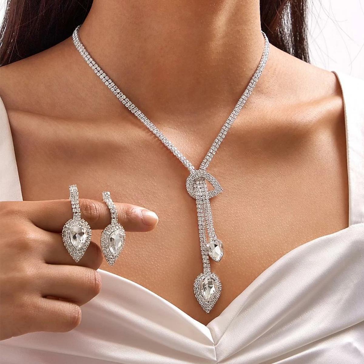 

3 предмета Женский модный тренд Цепочка-коготь Капля воды Ожерелье Серьги Набор цирконов Свадебный банкет Вечеринка Праздничный подарок