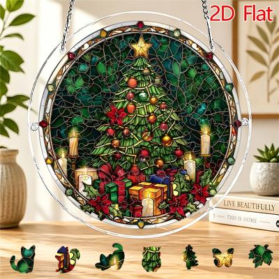 2D Flat Acrylic Puzzle Sun Catcher 83pcs, Christmas Tree Gift Box Candle Theme Sun Catcher Puzzle, Home Garden Decoration, Suitable for Christmas, Tha