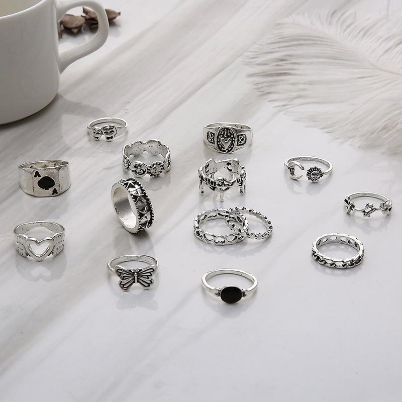 Retro Star Ring Dripping Oil Playing Card Butterfly 14-piece Joint Ring Set