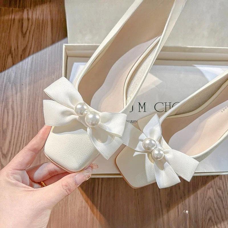 Pearl Bow Women High Heels Shoes Square Toe Heeled Sandals Summer 2025 New Elegant Chunky Shoes Woman Pumps Brand Mujer Zapatos