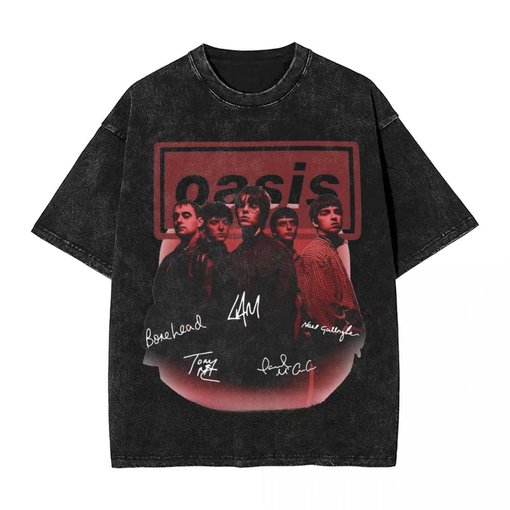 Men OASIS Live Tour Vintage Oversized Washed T-Shirts Summer Cotton Short Sleeve Definitely Maybe Rock Band Albums Streetwear Tees