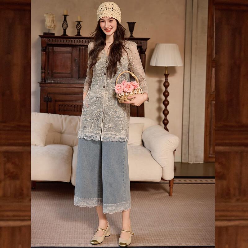 Women's Lace Blouse and Capri Denim Set