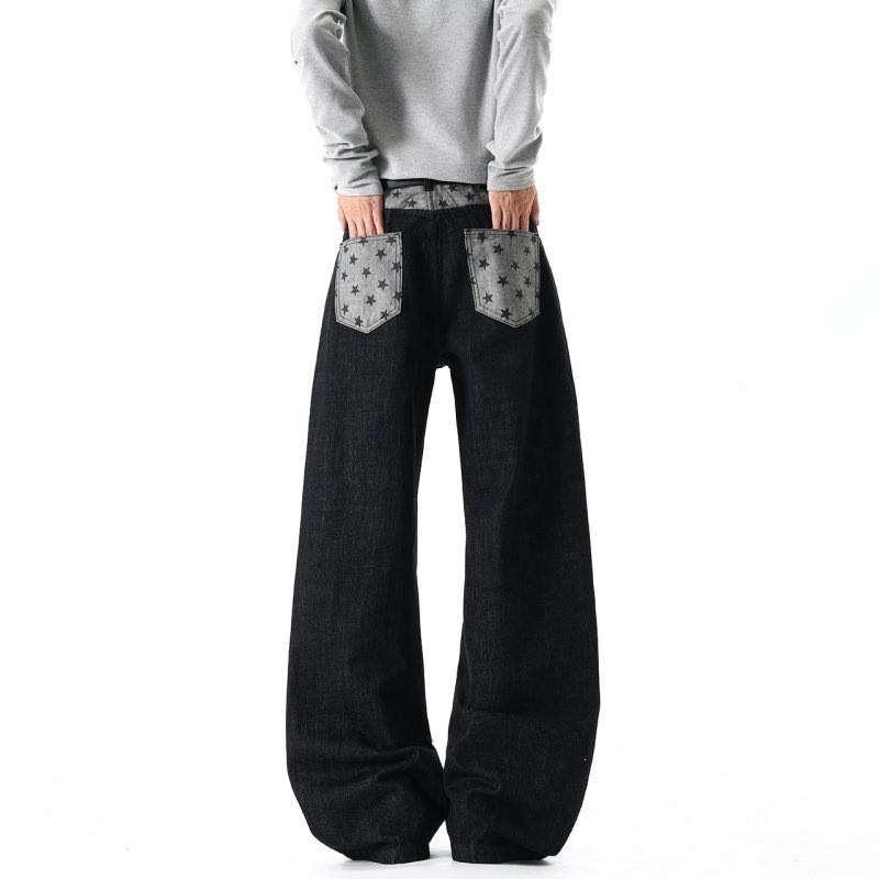 Mens Vintage High Street Flare Jeans Star Patchwork Original Denim Pants Casual Streetwear