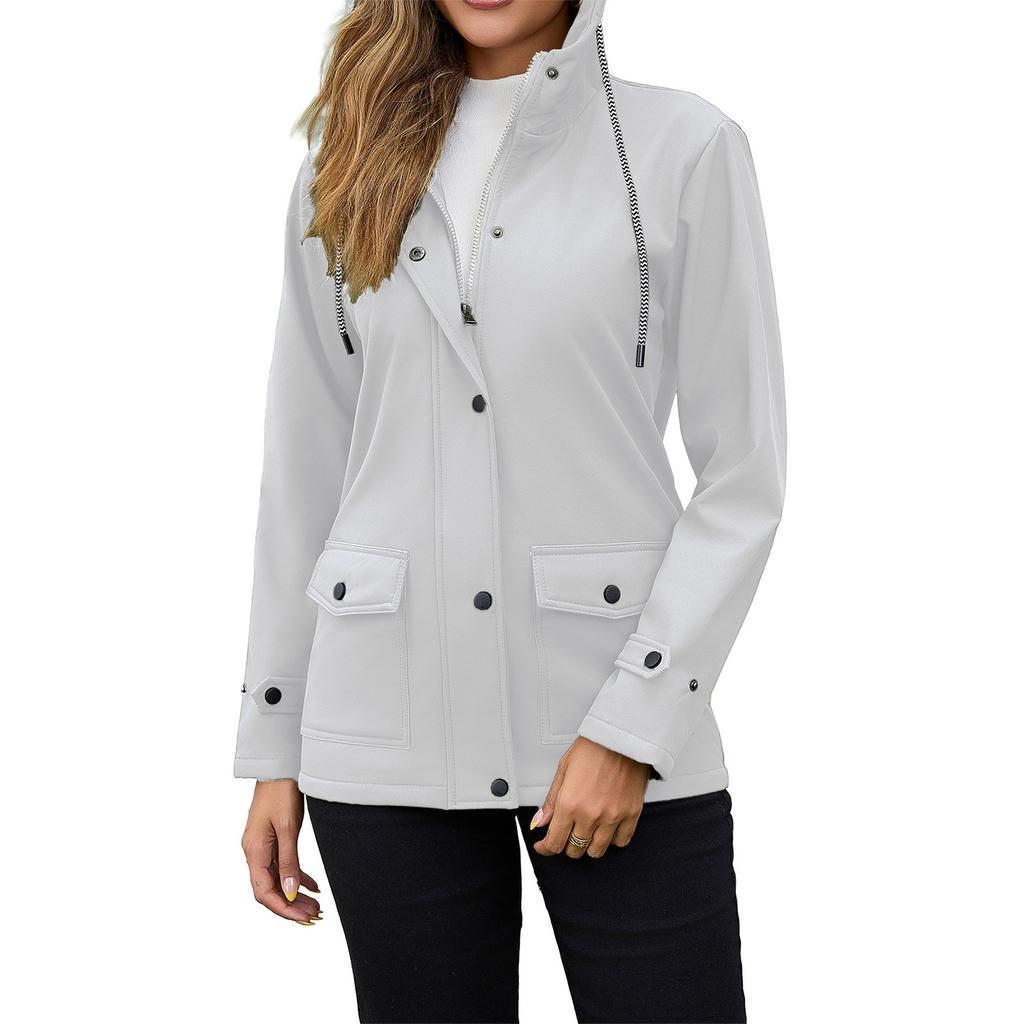 Women's Fashionable Solid Color Long Sleeved Hooded Zipper Windbreaker Composite Velvet Waterproof Jacket