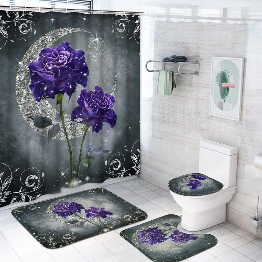 Valentines Shower Curtain Set Romantic Red Rose Flowers And Wine Shower Curtain Set With Non-Slip Rug Toilet Lid Cover Bath Mat