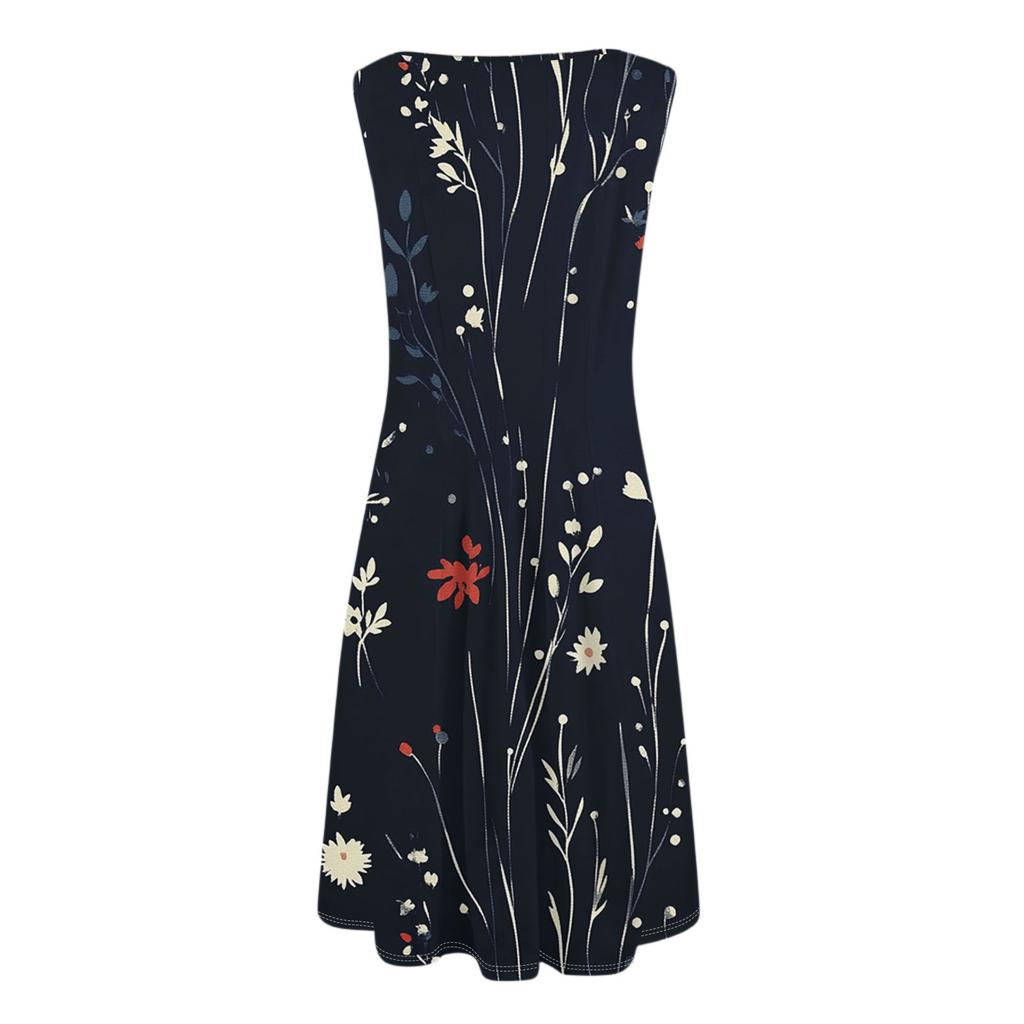 Women's Casual Fashion Floral Print Round Neck Sleeveless Midi Dress