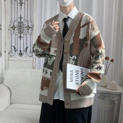 Men's Retro American Cartoon Jacquard V-Neck Cardigan Sweater - Trendy, Versatile, Loose Fit with Buttons for Autumn & Winter