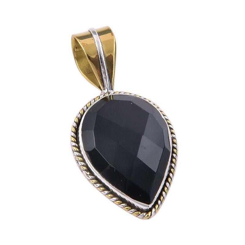 Natural Black Onyx Gemstone 925 Solid Sterling Silver TwoTone Pendant 1.50" u1F54