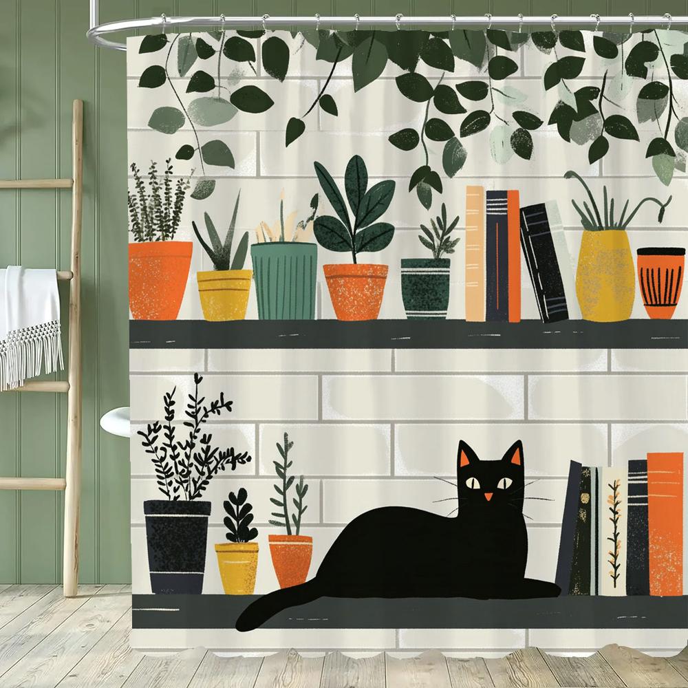 Modern Plant and Cartoon Cute Cat Shower Curtain, Bathroom Decorative Shower Curtain, Printed Polyester Home Curtain with Hooks