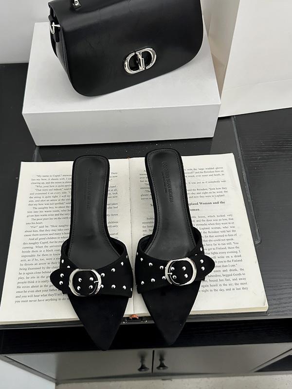 Fashion Thin Heels Beige Heeled Sandals Rivet Female Shoes Slippers Casual Pointed Toe Low Slides Black 2025 Luxury Flat High Soft Micro