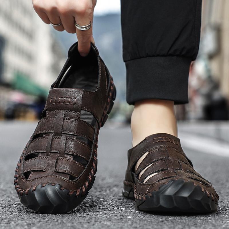 Men Black Leather Closed Toe Outdoor Roman Summer Walking Hiking Sandals Beach Shoes Plus Size