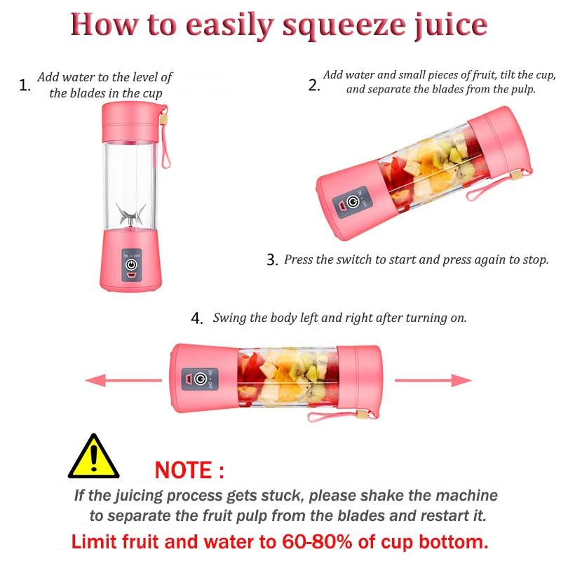 380ml Blue/Pink Mini Portable Blender Milkshake Cup With USB Rechargeable 6 Blades Mini Fruit Juice Mixer Shake Take Juice Cup