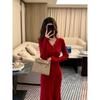 New Christmas Wear Red Single-breasted Dress Women's Autumn and Winter Retro Coat with Natal Year Skirt