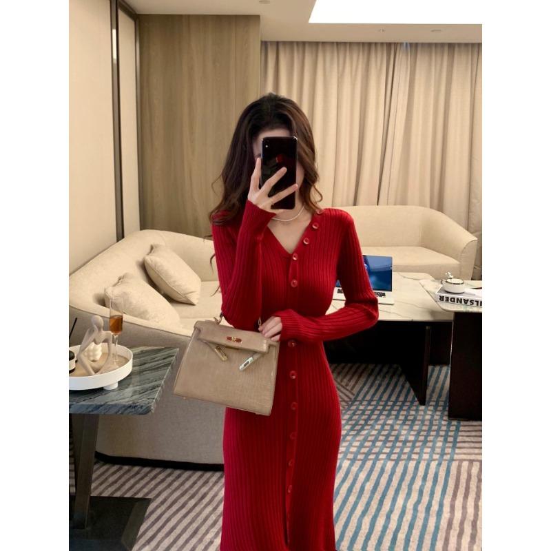 New Christmas Wear Red Single-breasted Dress Women's Autumn and Winter Retro Coat with Natal Year Skirt