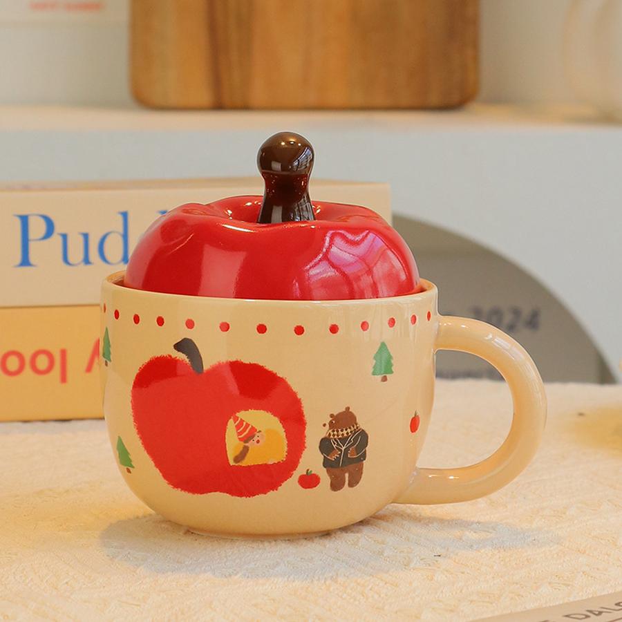 Милая керамическая кружка в форме яблока с крышкой, 400 мл, мультяшный стиль - Идеальный подарок для лучших друзей на Рождество, Новый год и год Лошади. 1pc красный