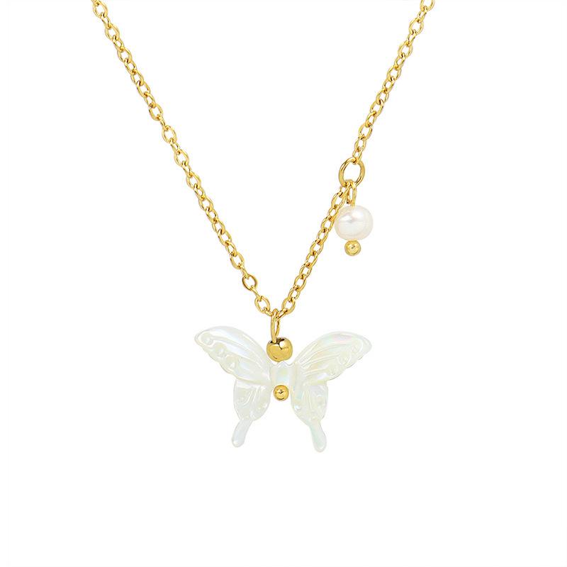 Seashell Carved Butterfly Pearl Necklace - Korean Style Pendant Jewelry