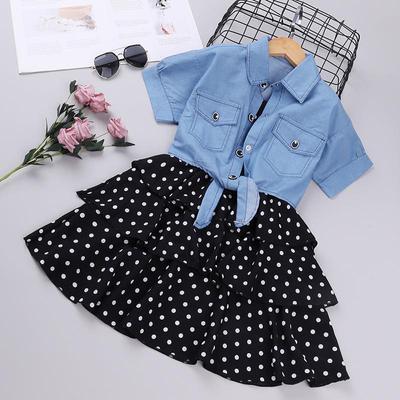 Oddler Kids Baby Girls Denim Jacket Polka Dot Slip Layered Dress Set Outfits