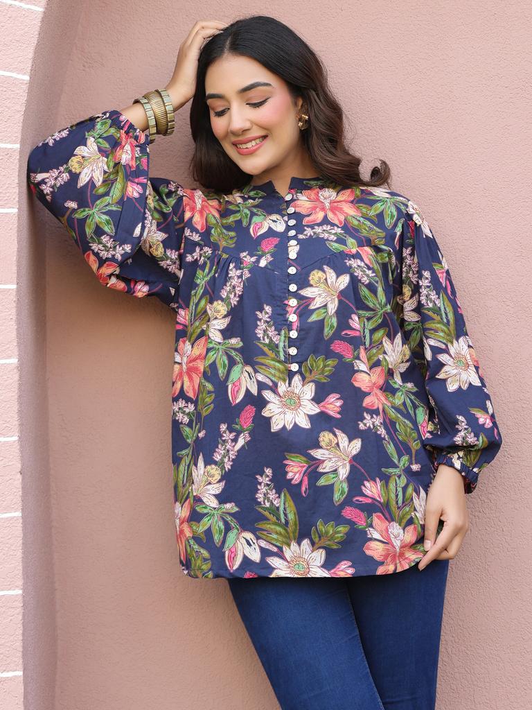 Blue Floral Print Mandarin Collar Cotton Top