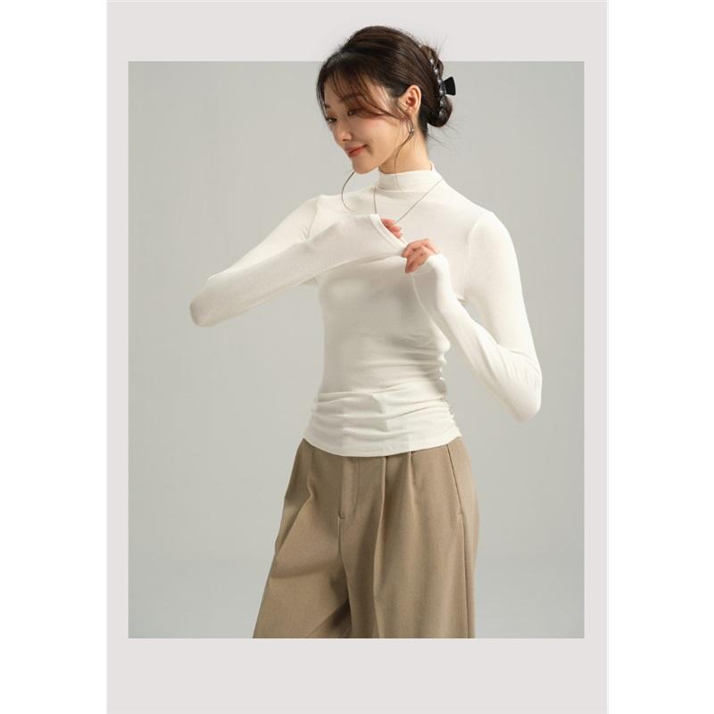 Women's Autumn And Winter Inner Wear Long Sleeved Base T Shirt Top Semi High Neck Solid Color Base Shirt