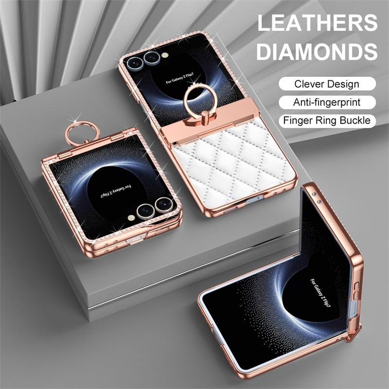 For Samsung Galaxy Z Flip7 5G PU Leather Plating Glitter Bling Diamond Ring Hinge Phone Case Screen Protect Film ShockproofCover