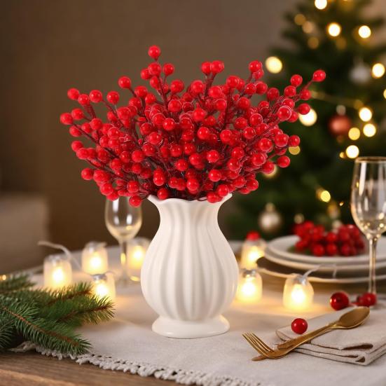 50 Pcs Christmas Artificial Picks Fake Greenery Pine Branches Faux Red Berry Stems for DIY Christmas Garland Wreath Flower Arrangement Decoration