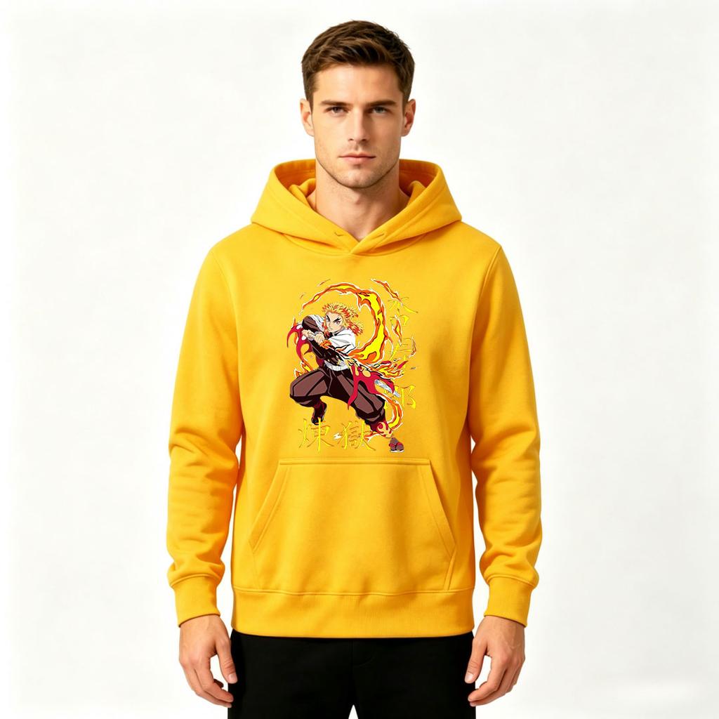 Men's Anime Flame Character Print Pullover Hoodie Casual Long Sleeve Graphic Sweatshirt for Daily Wear