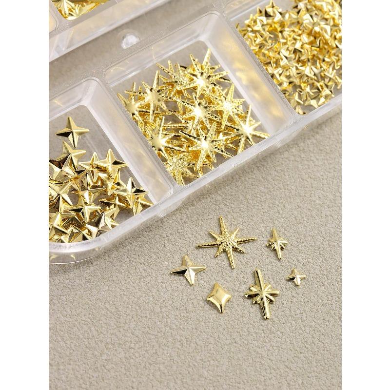 6 Grids/box 3D Star, Pentagon, Gold Color Metal Nail Art Decorations Cross Star, Y2K Nail Jewelry, DIY Nail Charms Nail Art Supplies