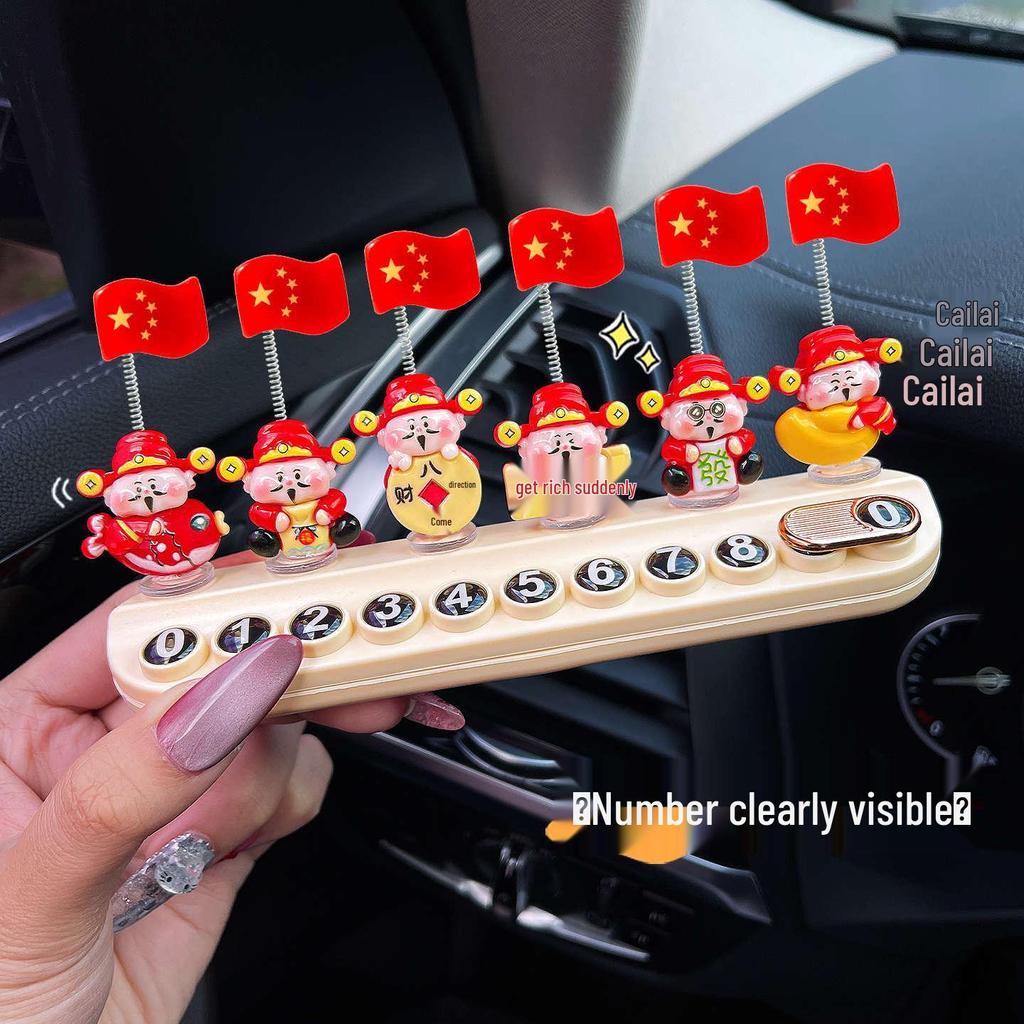 Ozdoba s displejem telefonního čísla do auta Bůh bohatství s červenou vlajkou