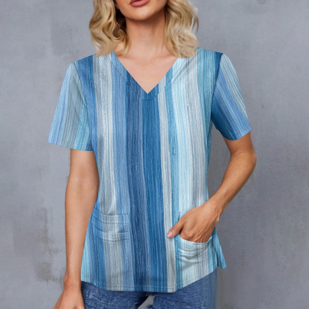 Women's Gradient Print V-Neck Double Pocket Short Sleeves Hem Slit Uniform Caregiver Top