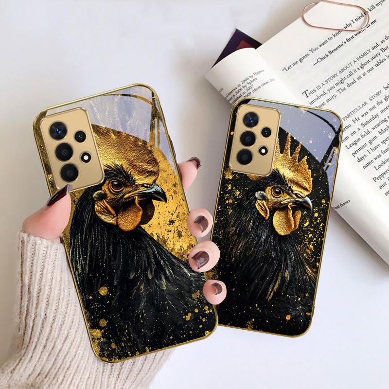 Brave Golden Rooster For Samsung A 01 52S A04 A05S A10 A12 A13 22 23 24 36 42 M02 Note 10 20Ultra 8 9 Golden glass phone case
