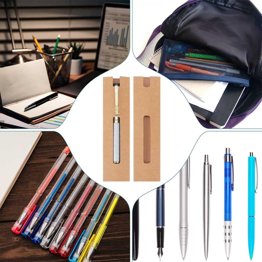 NBEADS 50 Pcs Kraft Pen Gift Boxes, Burlywood Slip-in Pen Packaging Box with Window for Pencil Ballpoint Fountain Pen Display Christmas Gift and