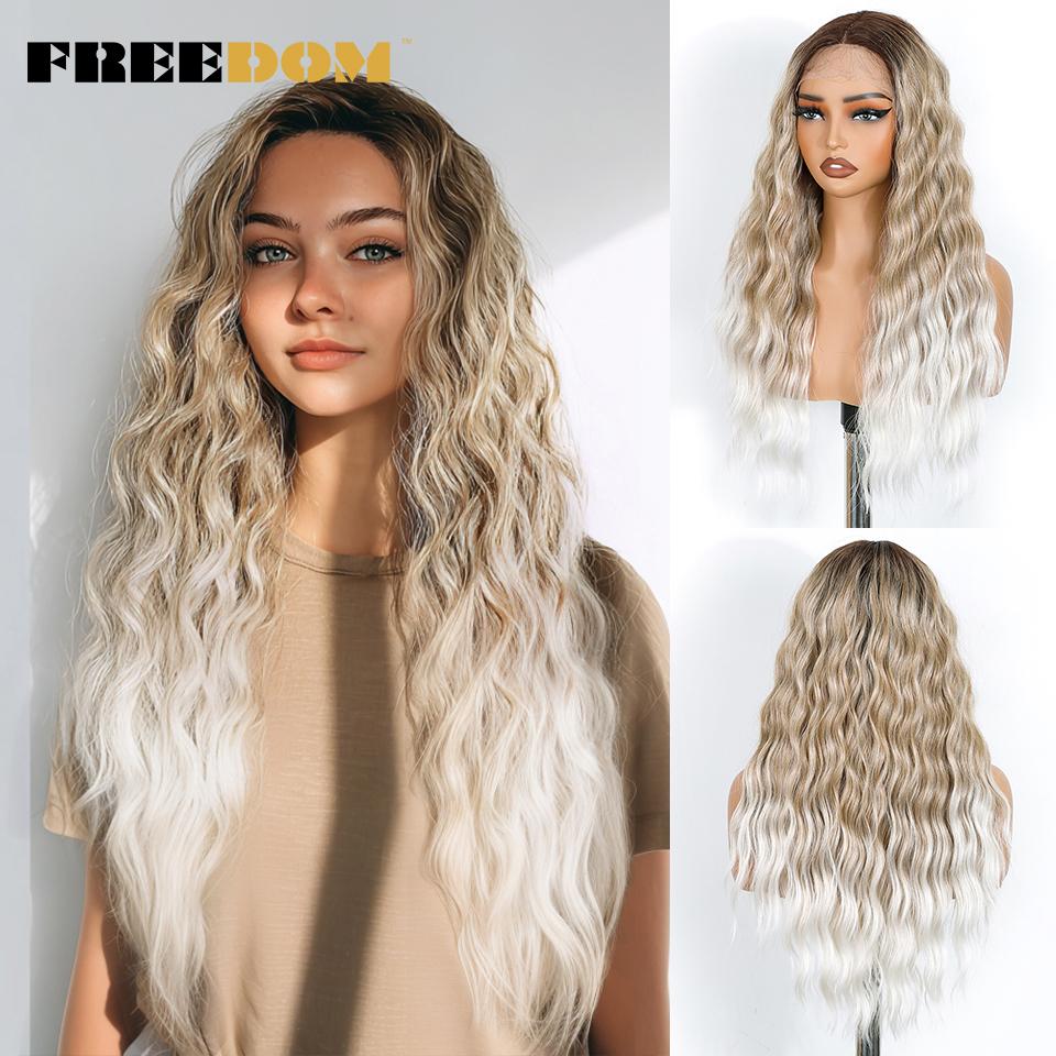 FREEDOM Body Wavy Synthetic Lace Front Wigs For Black Women 26 Inch Long Deep Wavy Ombre Brown Blonde Lace Wig White Cosplay Wig