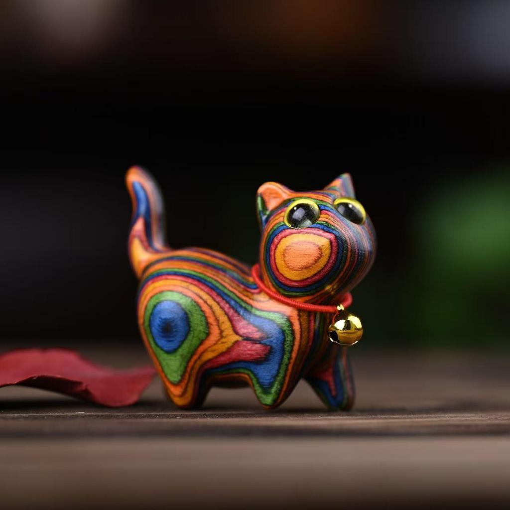 Rainbow Wood Carving: Cute Cat Desktop Ornament - Creative Miniatures for Home Decor