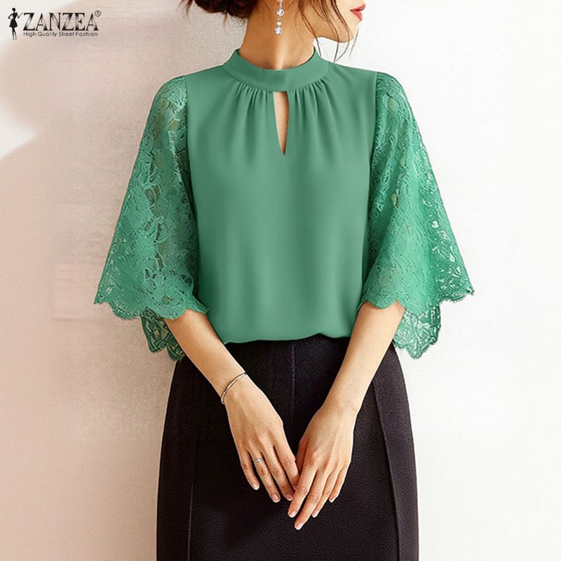ZANZEA Bluză de damă cu gât rotund, dantelă aplicată și mâneci trei sferturi