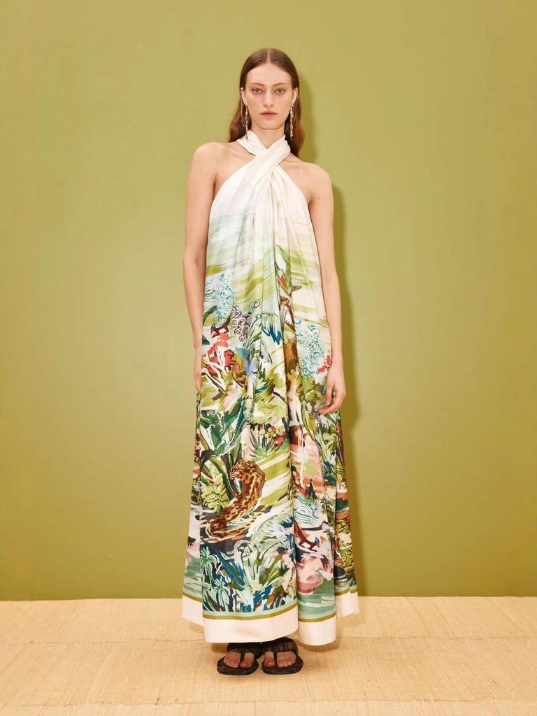 Europäisches & Amerikanisches 2026 Neckholder Träger Print Langes Kleid