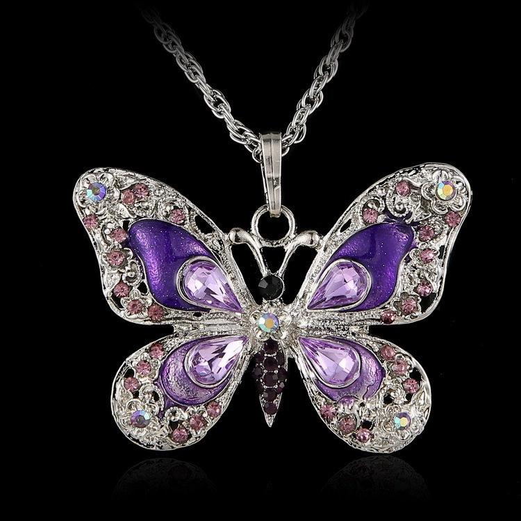 Vintage Enamel Butterfly Pendant Necklace Crystal Rhinestone Colorful Jewelry for Women