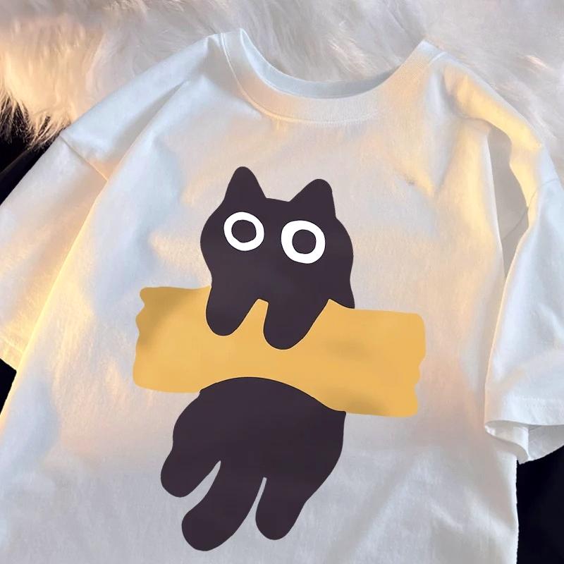 

Japanese Summer Cat Print Short Sleeve Tshirts for Women Cartoon Tshirts Round Neck Style Soft Streetwear Casual Tshirts S
