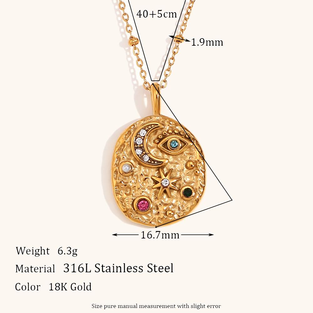 

La. Muses Colored Cubic Zirconia Star Moon Texture Pendant Stainless Steel Retro Luxury Necklace Waterproof Jewelry Gift