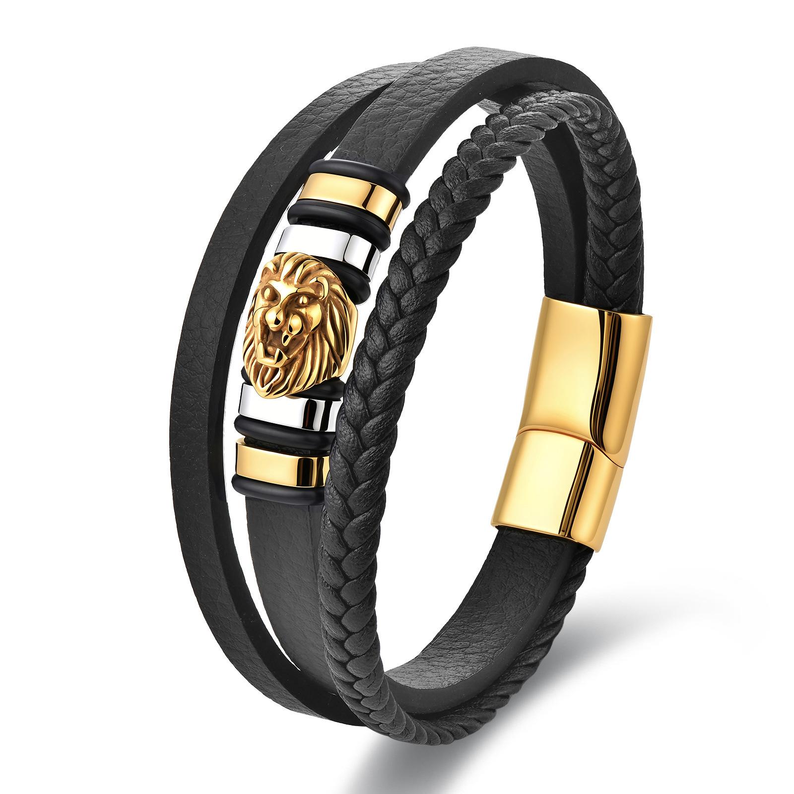 Black Leather Rope Lion Pattern Men s Double Layer Leather Woven Bracelet Lion Head Leather Bracelet 2026 21CM