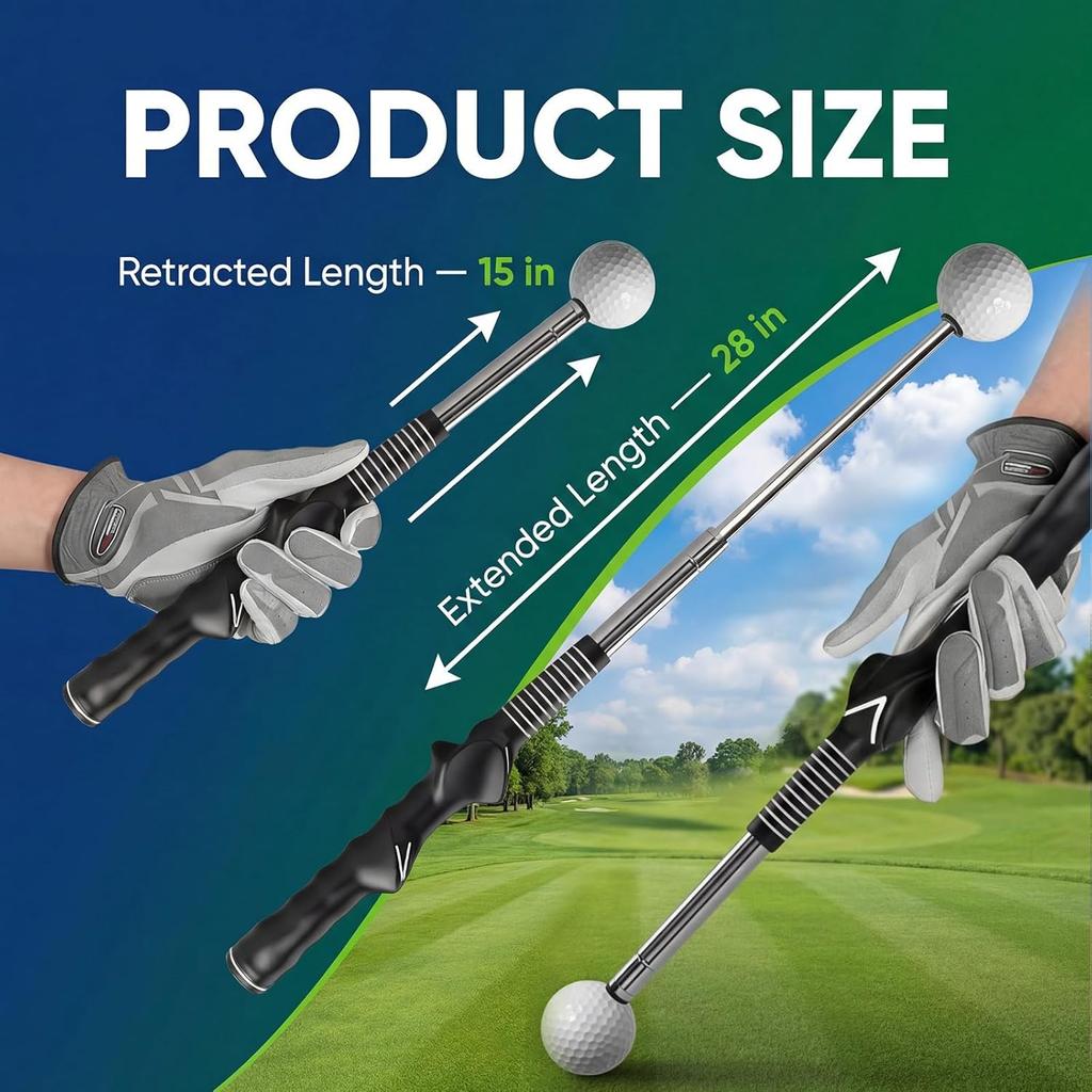 Retractable Golf Swing Trainer, Telescopic Practice Club with Click Feedback, Right-Handed Ergonomic Grip & Arm Band, Grip/Posture Correction