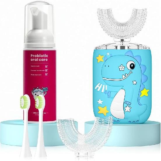 Kids Electric U Shaped Toothbrush,Kids Sonic Toothbrush with 4 Soft Brush Head Automatic Toothbrush Rechargeable 6 Cleaning Modes IPX7 Waterproof 360