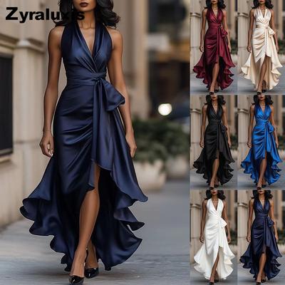 New Satin V-Neck Sleeveless Waist Empire Waist Floral Ruffled Dress for Women