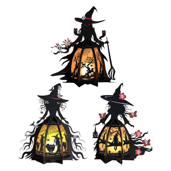 Halloween Witch Lantern 3D Spooky Lantern Light-up Table Centerpiece Gothic Bat Skull Witch Lamp for Home Mantel Entryway Tabletop Decoration